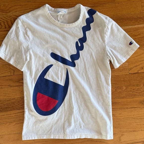 Champion Y2K White Tee with Blue and Red Logo - small - 100% cotton - Picture 1 of 5